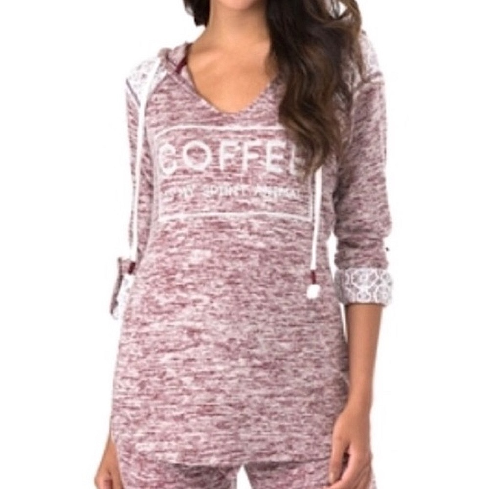 Miss Chievous Women’s Sequins Lace Burgundy Hoodie “COFFEE is my Spirit Animal”